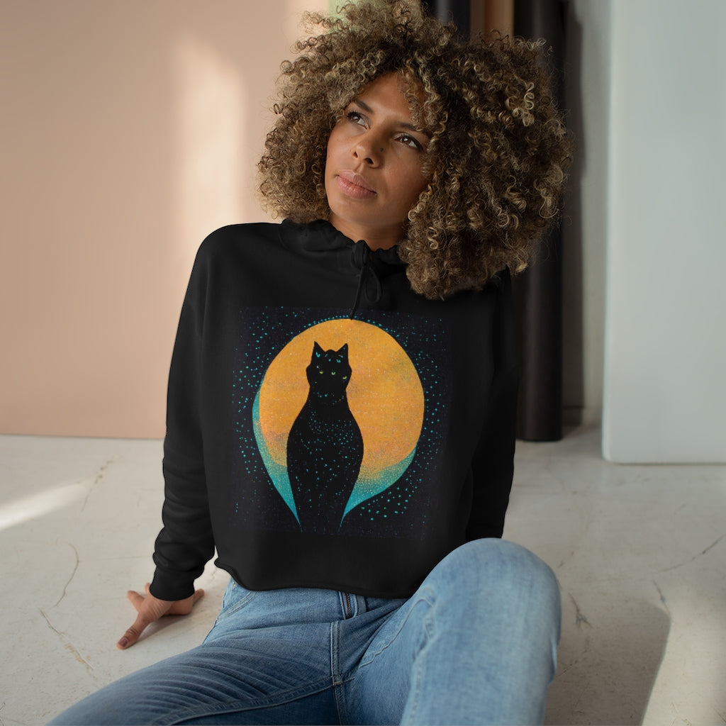 BLACK CAT SILHOUETTE IN MOON CROP HOODIE